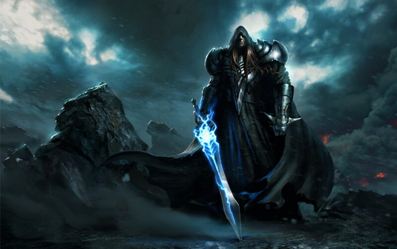 Hooded Warrior with Sword — Blue, Dramatic