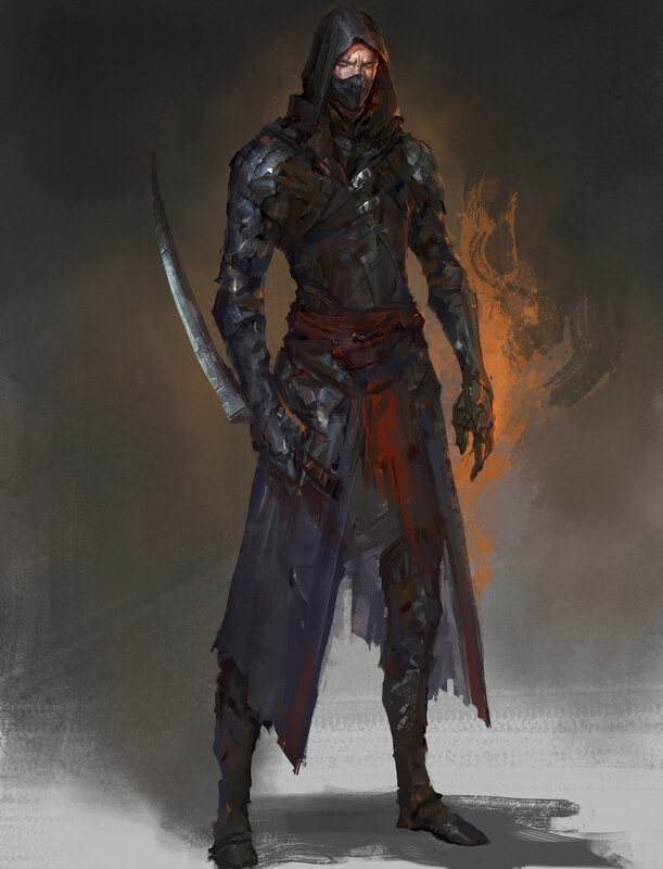 Hooded Warrior with Sword — Gray, Dramatic, Digital Art