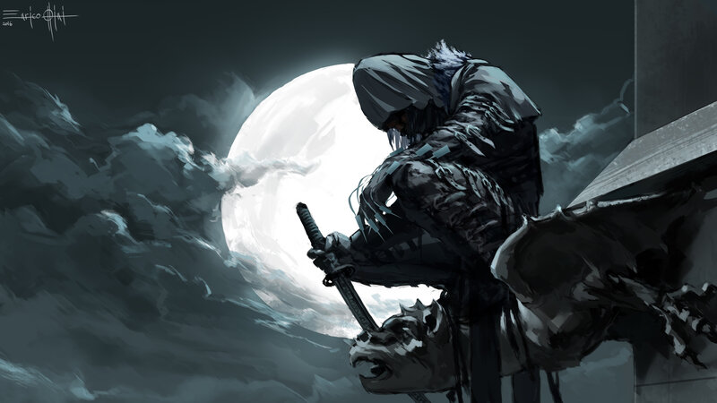 Hooded Warrior with Sword — Gray, Dramatic, Night, Digital Art