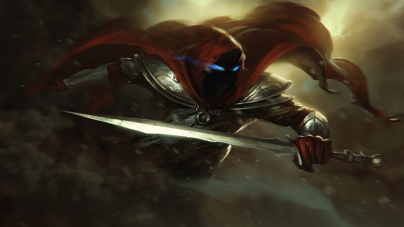Hooded Warrior with Sword — Red, Dramatic, Digital Art, Cape