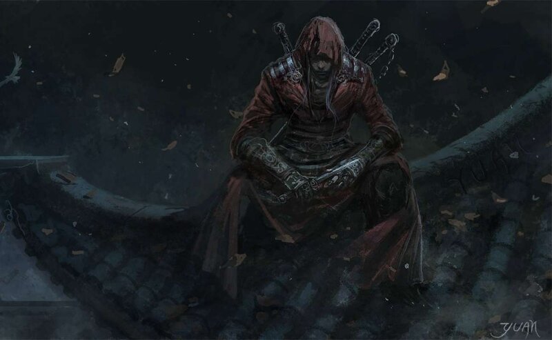 Hooded Warrior with Swords — Black, Dramatic, Night