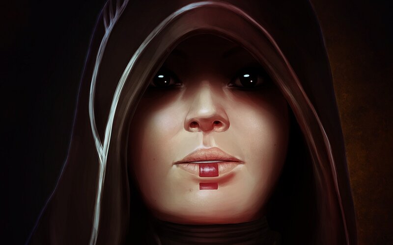hooded woman with red markings