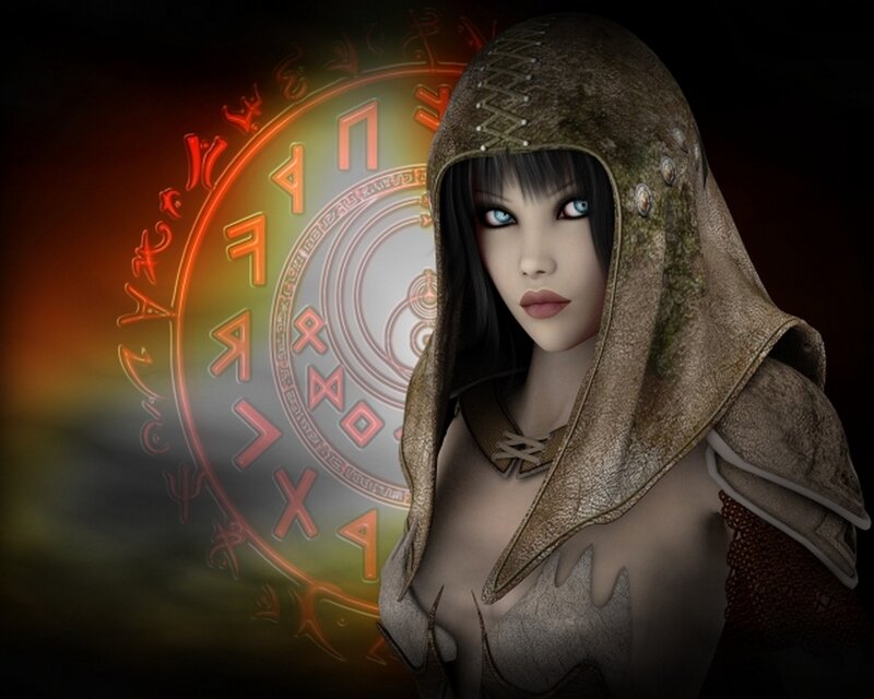 hooded woman with runes