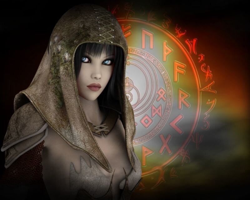 hooded woman with runes