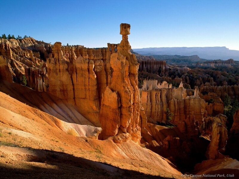 Hoodoos in Canyon — Orange, Dramatic, Afternoon, Photograph, Rock Formations, Sky, Blue