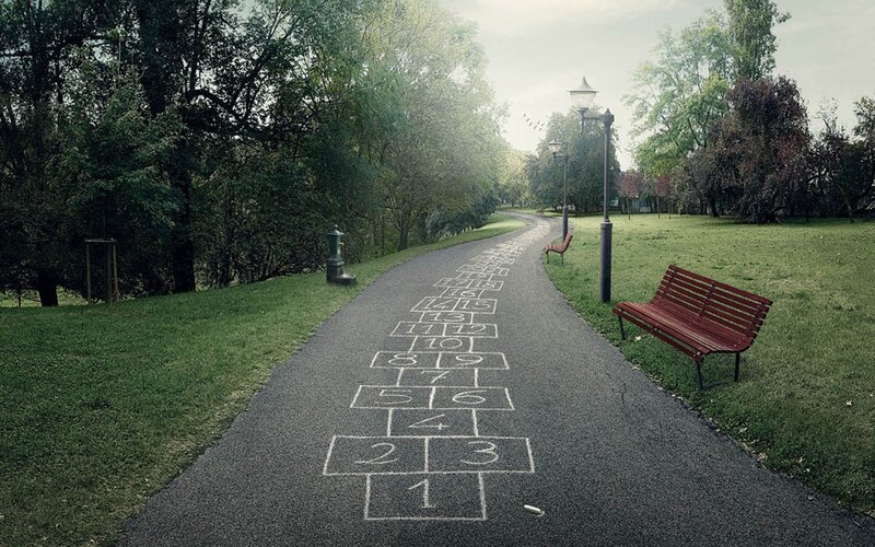 Hopscotch Path in Park — Green, Serene, Morning, Photograph
