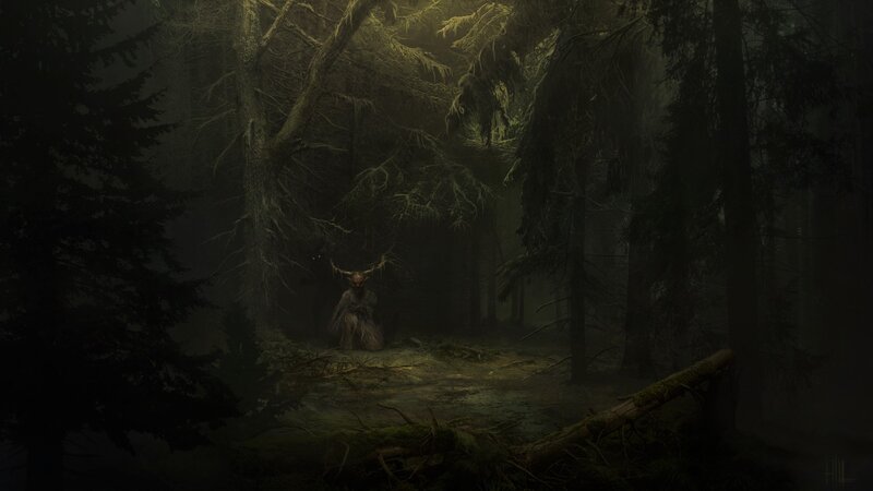Horned Creature in Forest — Green