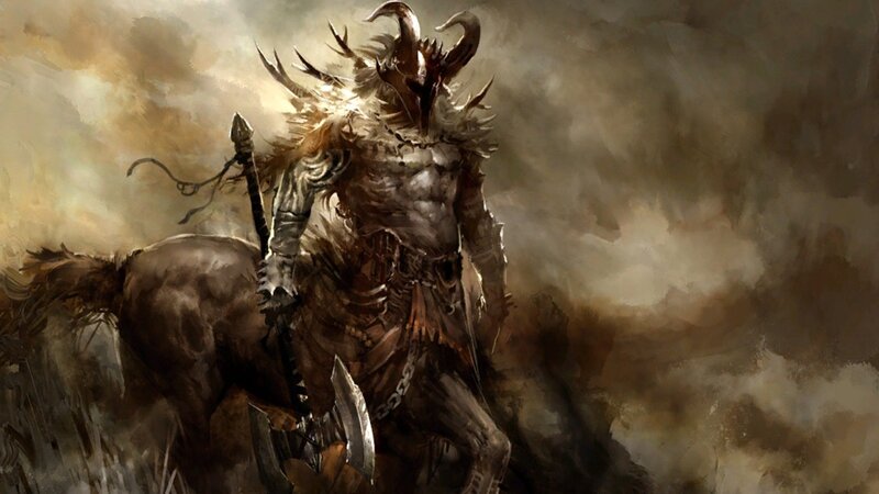 Horned Warrior on Horse — Brown, Dramatic, Digital Art