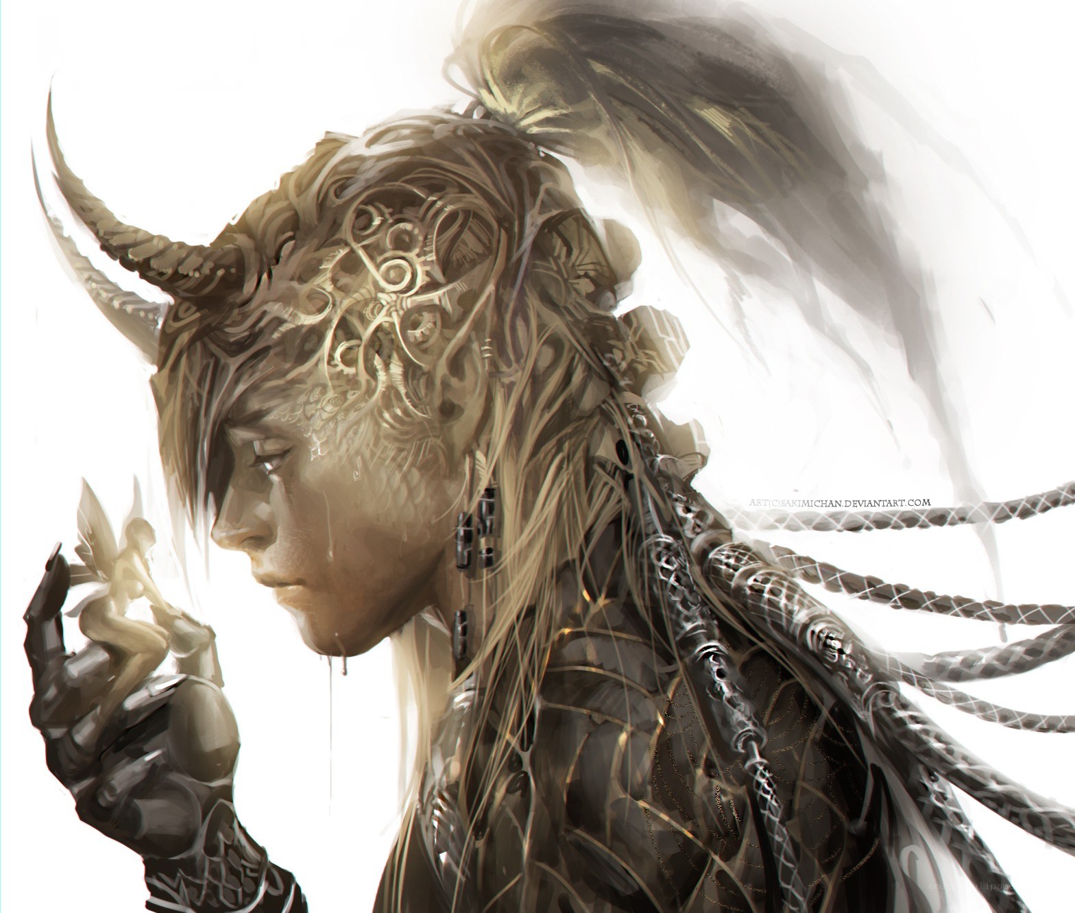 horned warrior with mechanical armor