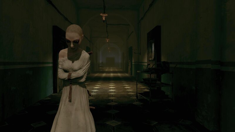 horror character in a dark hallway