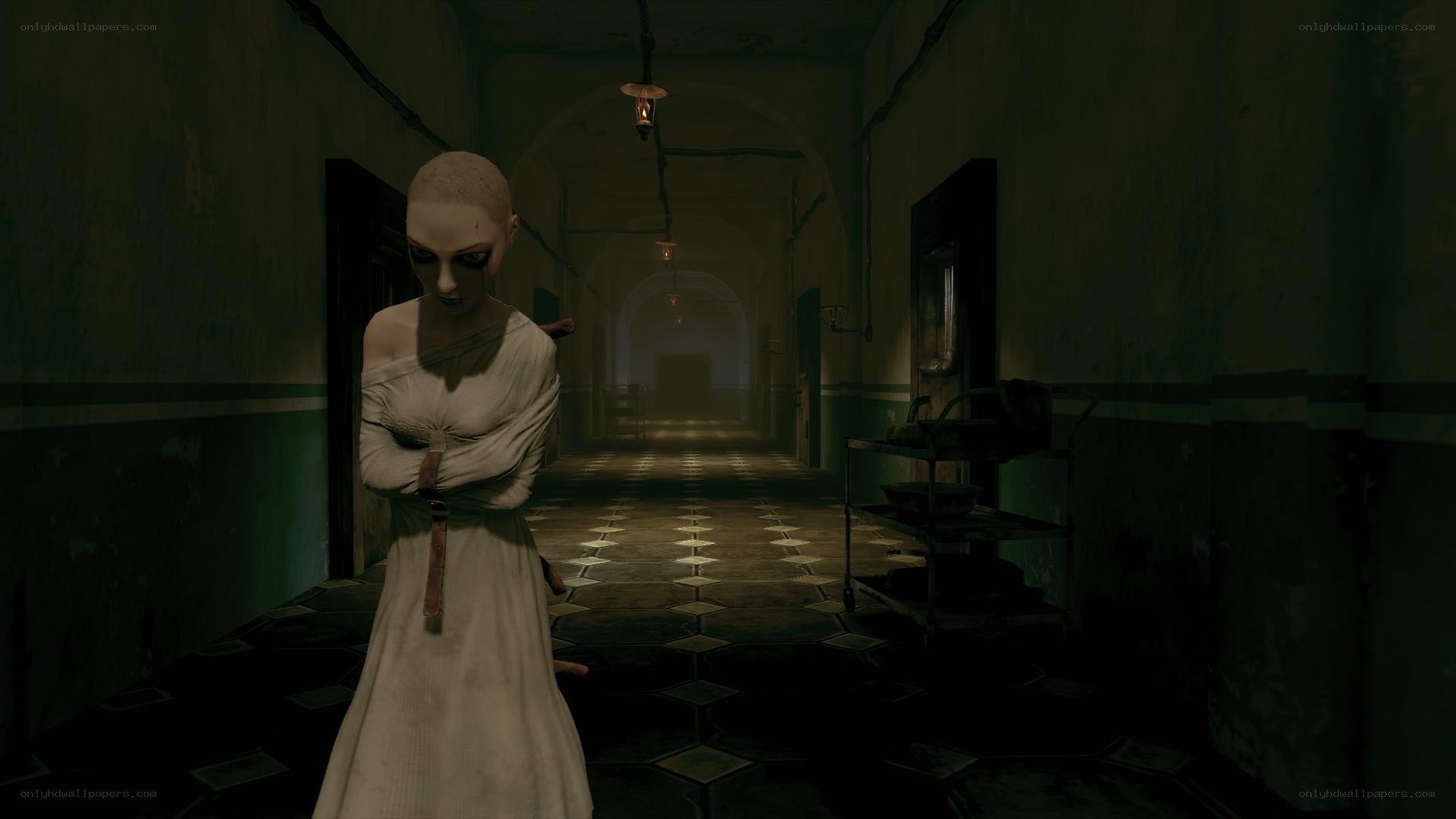 horror character in a dark hallway