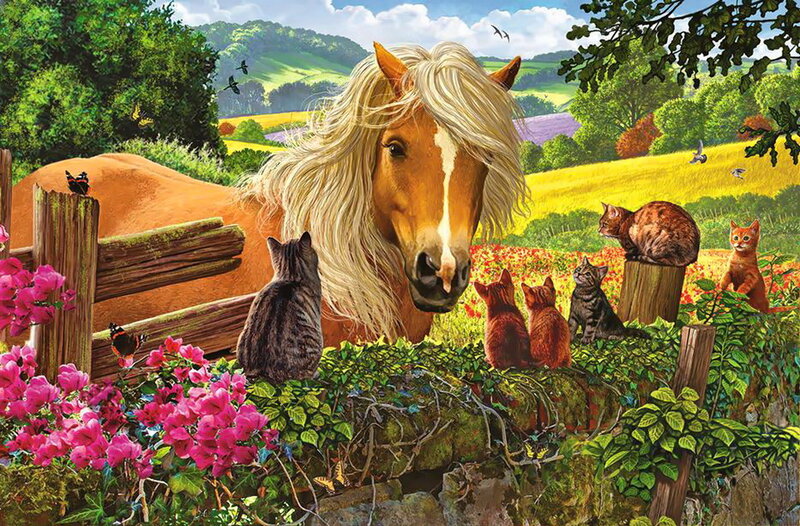 Horse and Cats in Field