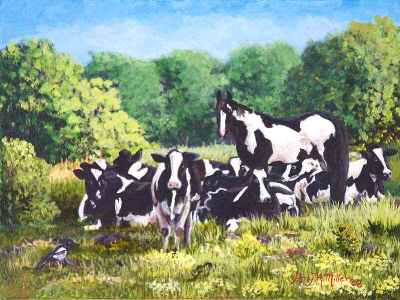 Horse and cows in a field