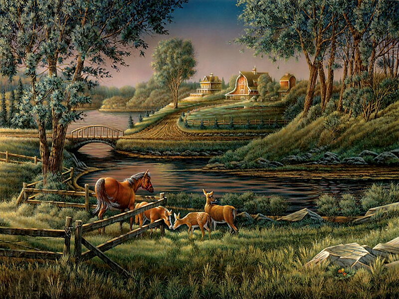 Horse and Deer by River