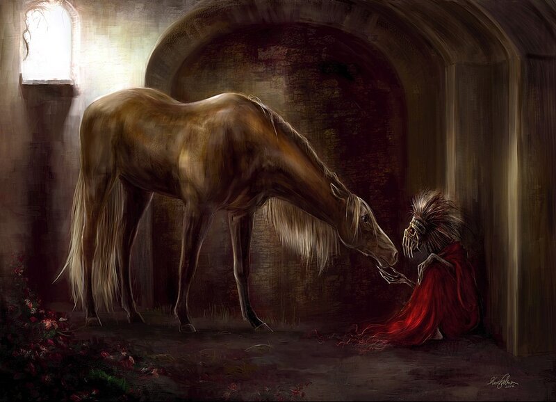 Horse and figure in a crypt