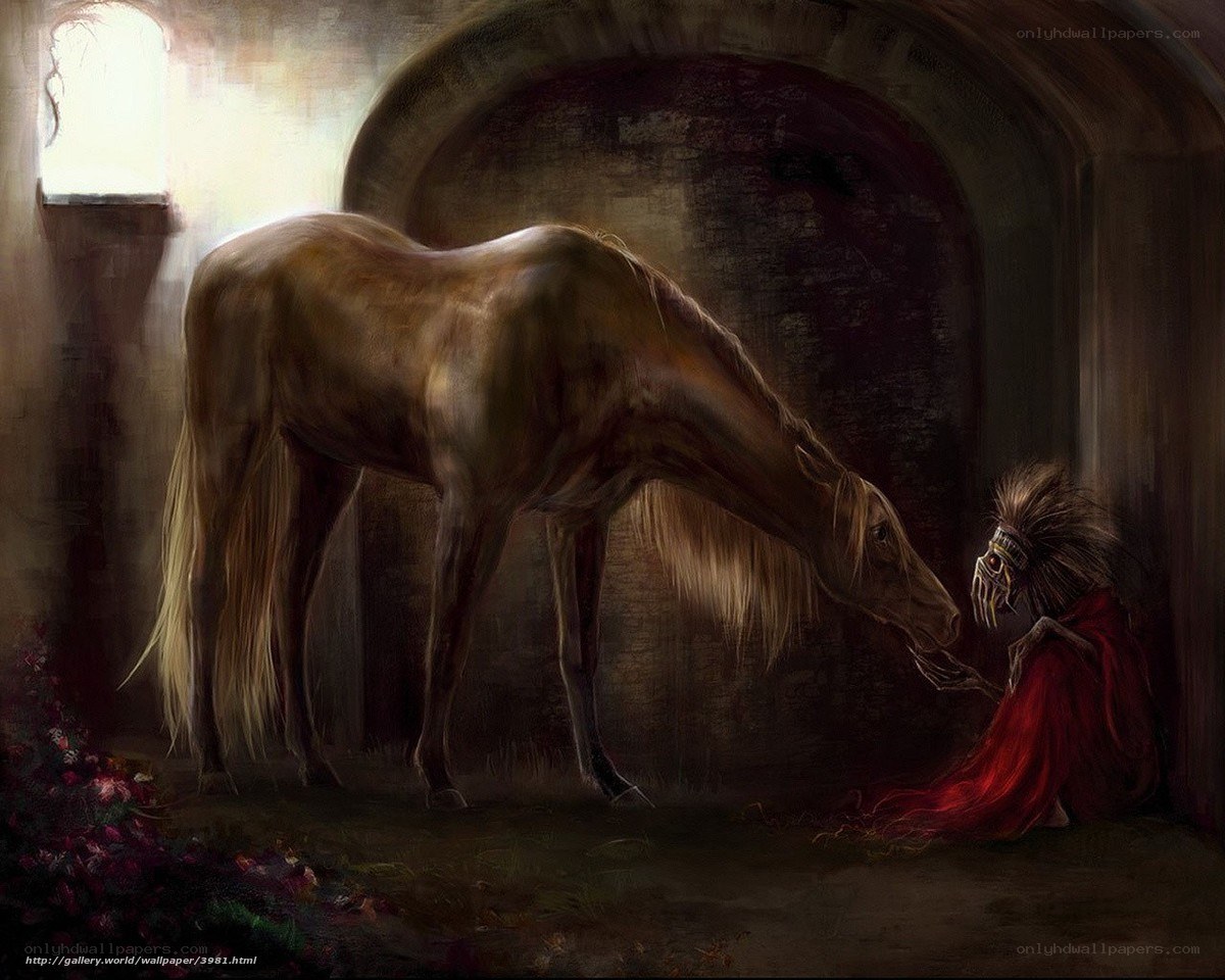 Horse and figure in a crypt