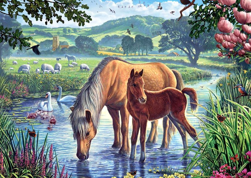 Horse and Foal Drinking — Green