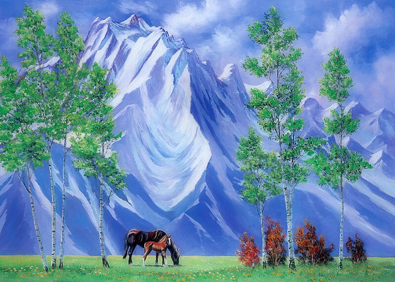 Horse and Foal Grazing — Green, Serene