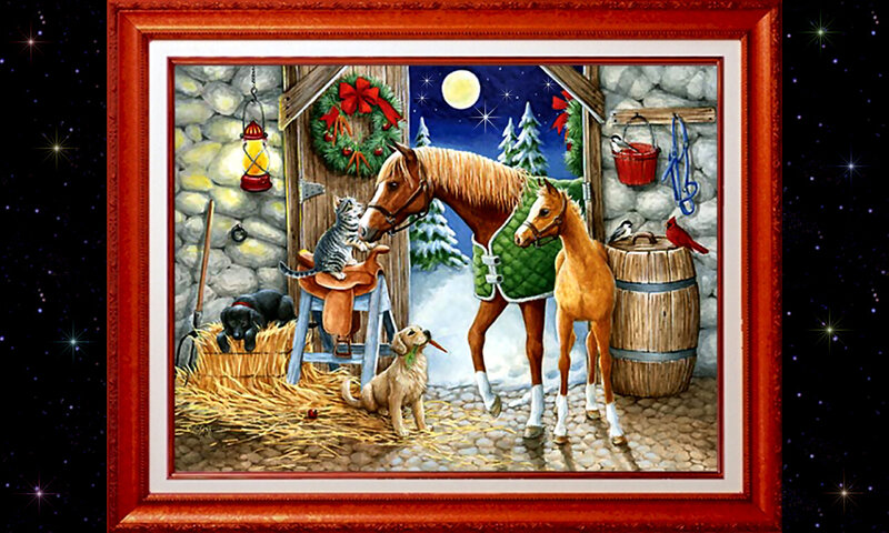 Horse and Foal in Barn — Brown, Festive