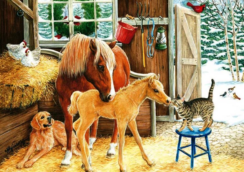 Horse and Foal in Barn — Brown