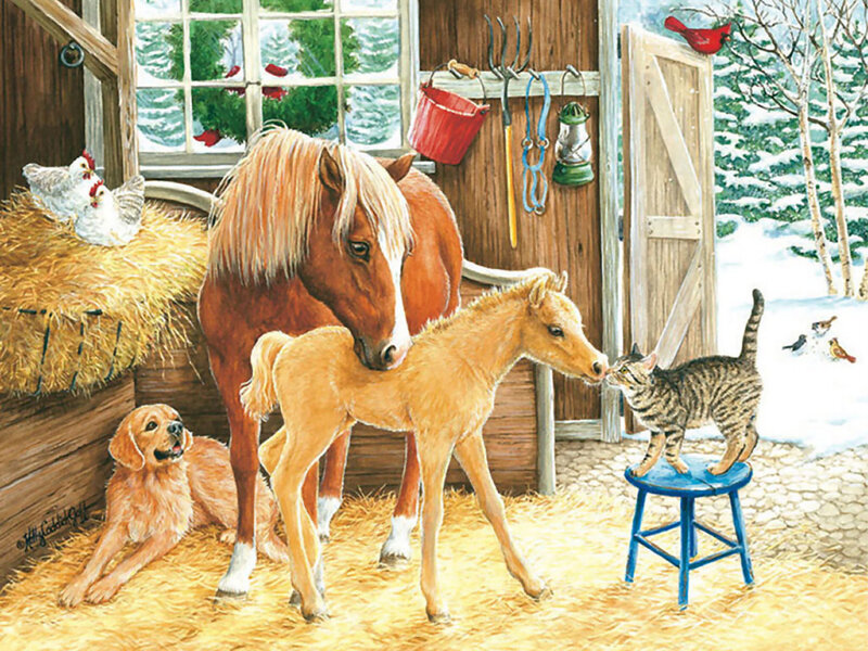 Horse and Foal in Barn