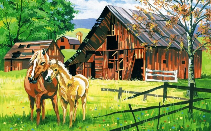 Horse and Foal in Field — Green, Serene, Autumn