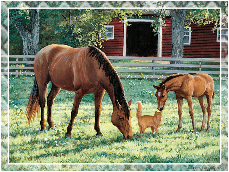 Horse and Foal in Field — Green
