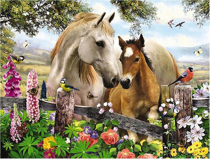 Horse and Foal in Garden
