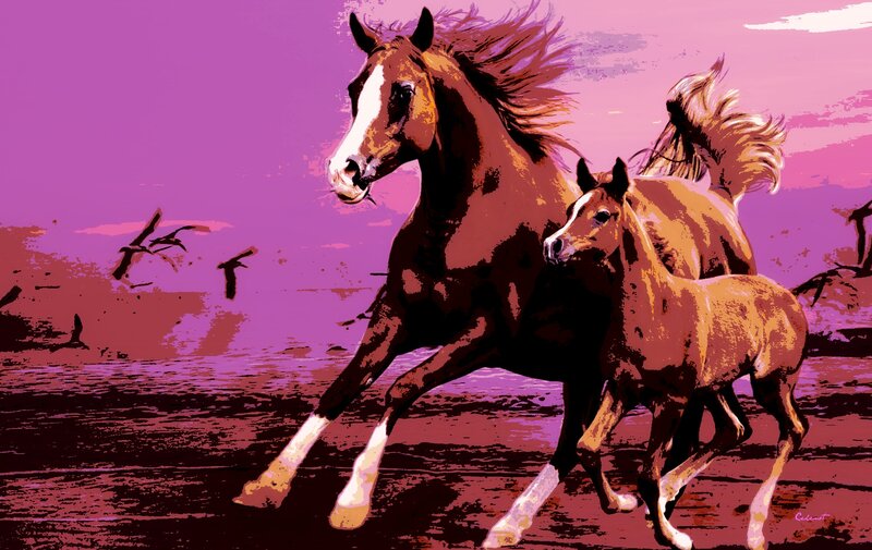 Horse and Foal Running — Purple