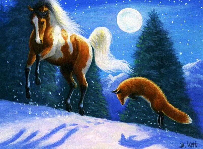 Horse and Fox in Snow