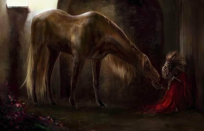 Horse and Masked Figure — Brown