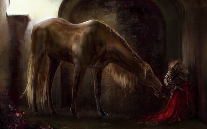Horse and masked figure