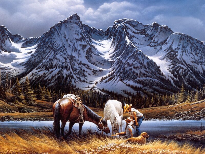Horse and rider by mountain lake