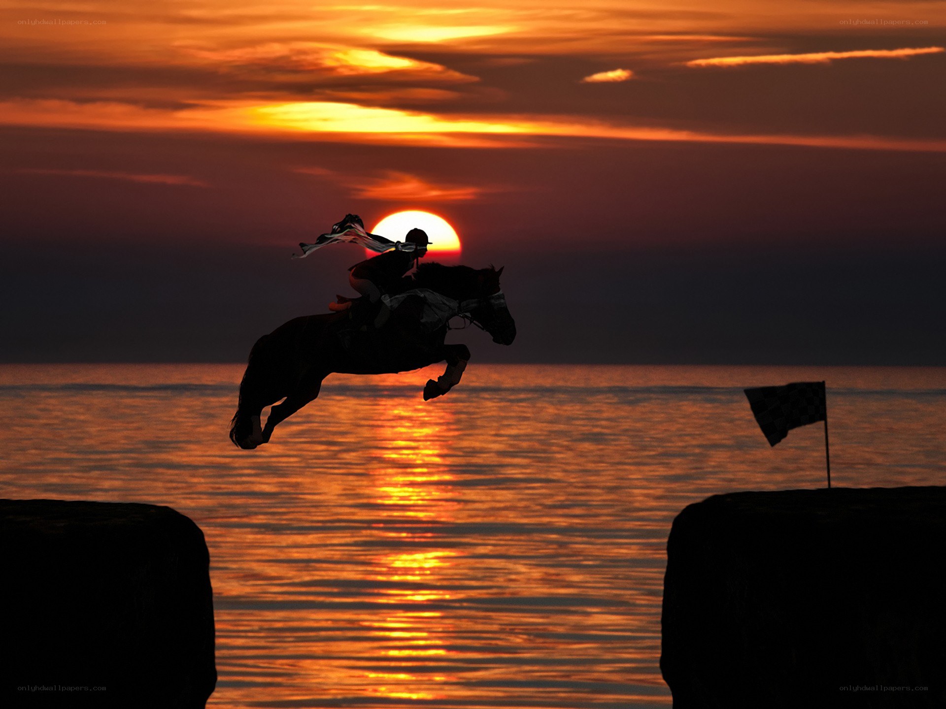 Horse and rider jumping at sunset
