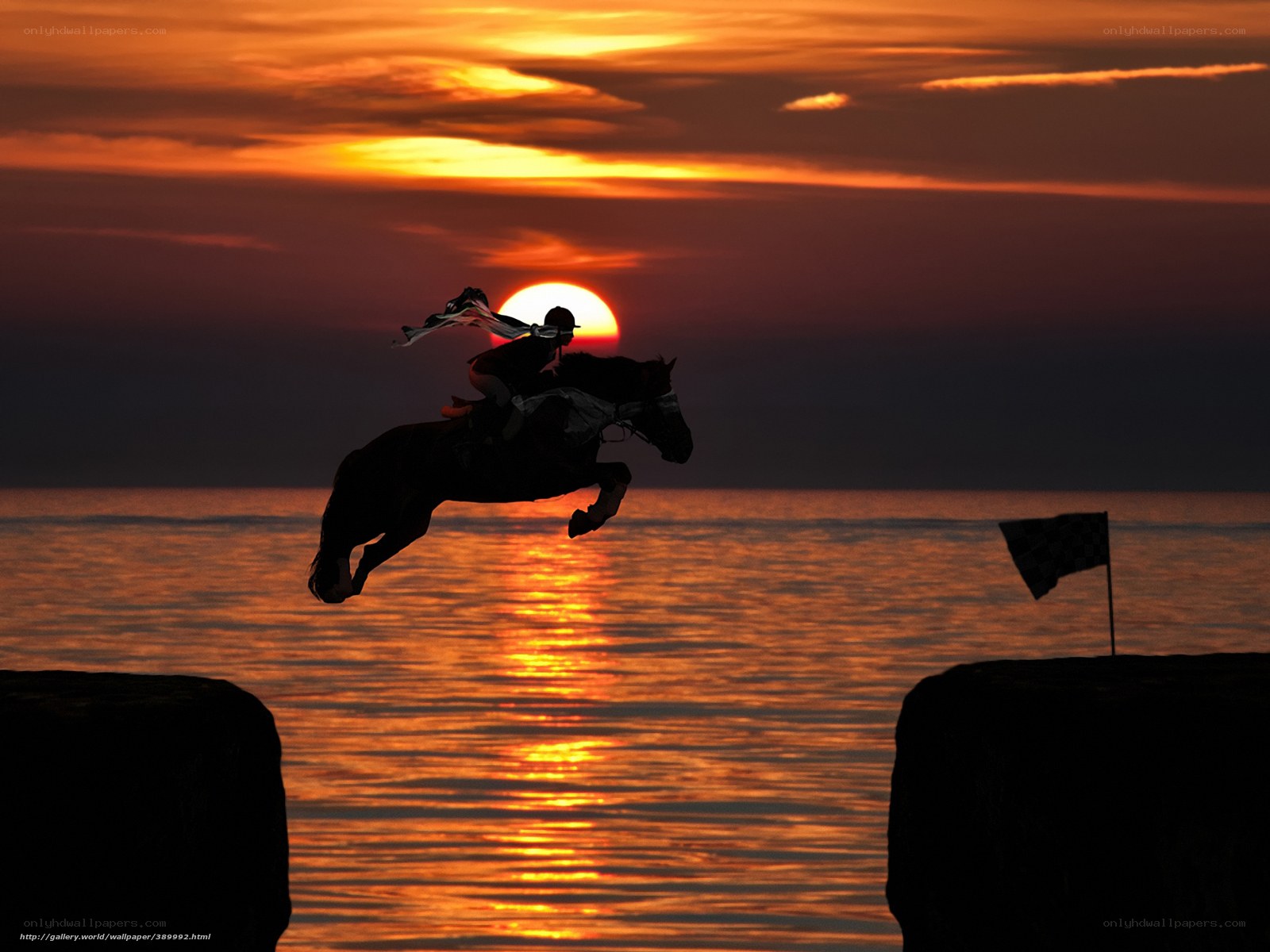 Horse and rider jumping at sunset