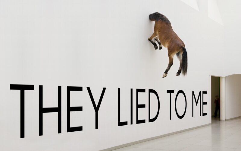 Horse climbing wall with text