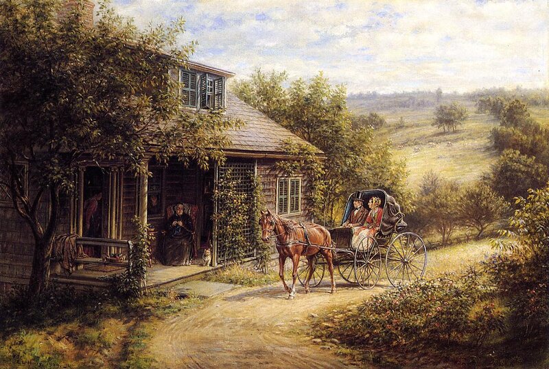 Horse-drawn carriage at farmhouse