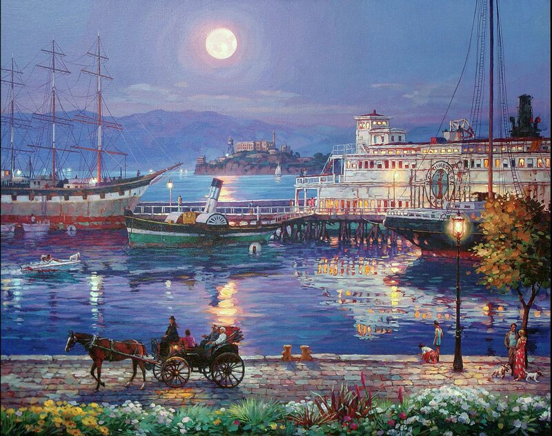 Horse-drawn Carriage at Harbor — Blue, Serene, Night