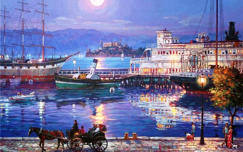 Horse-drawn Carriage at Harbor — Blue, Serene