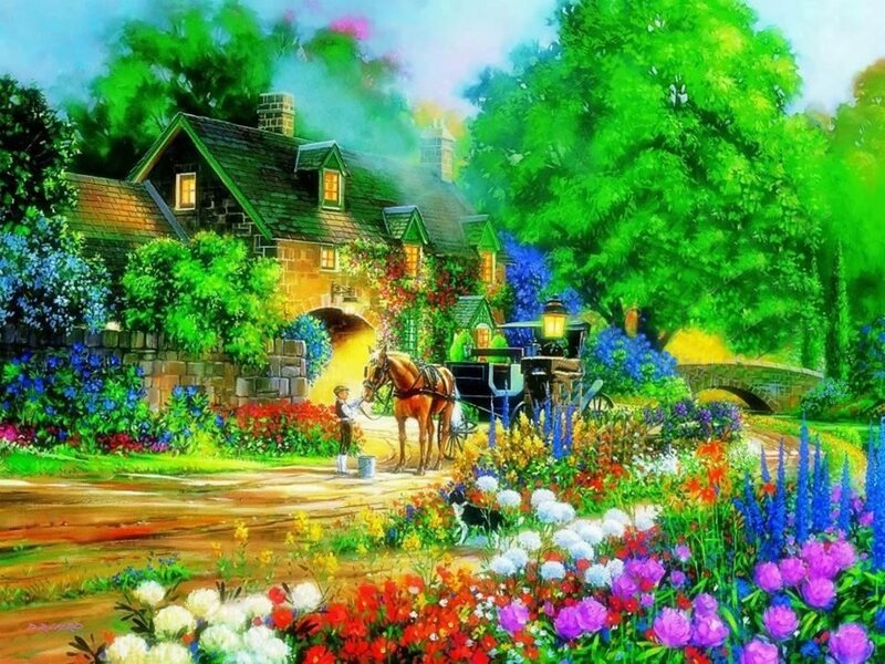 Horse-drawn Carriage — Green, Serene, Afternoon, Painting