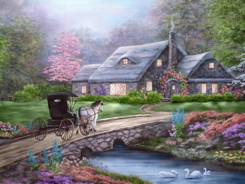Horse-drawn Carriage — Green, Serene, Spring, Painting