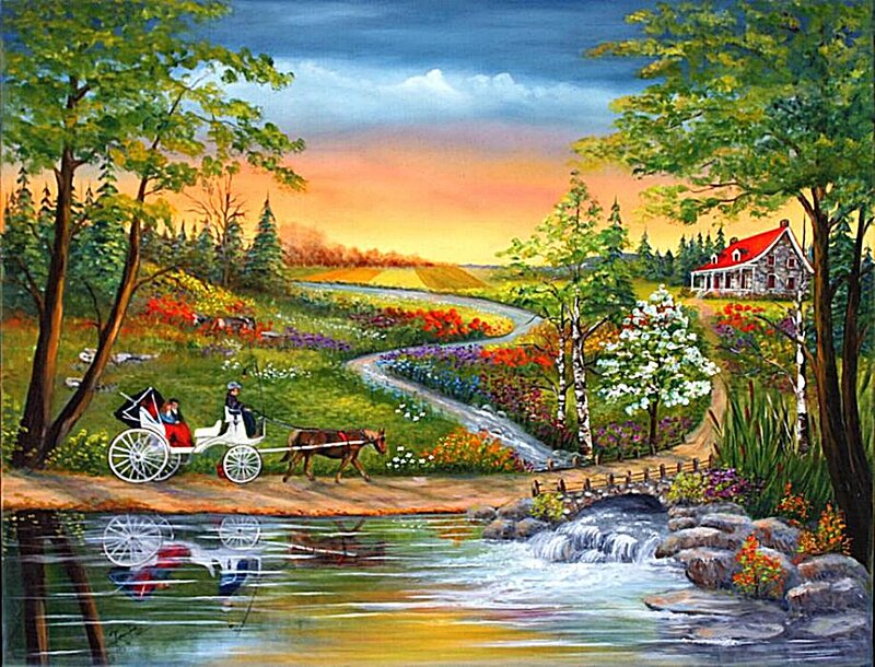 Horse-drawn Carriage — Green, Serene, Sunset, Painting, River
