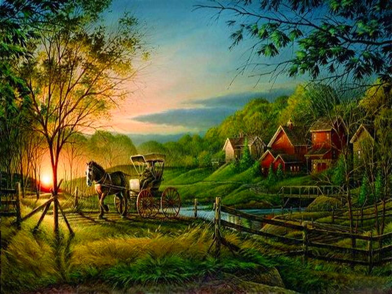 Horse-drawn Carriage — Green, Serene, Sunset