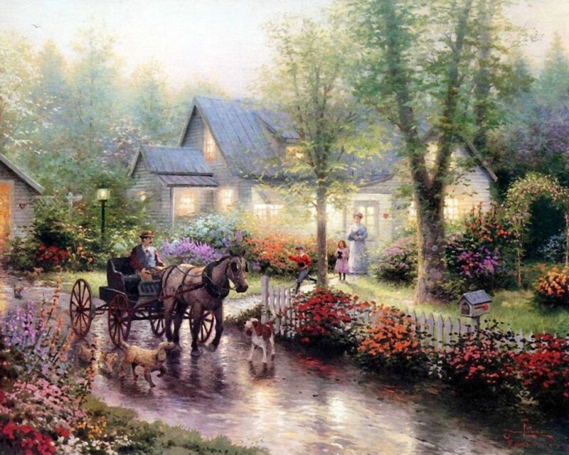 Horse-drawn carriage in a garden