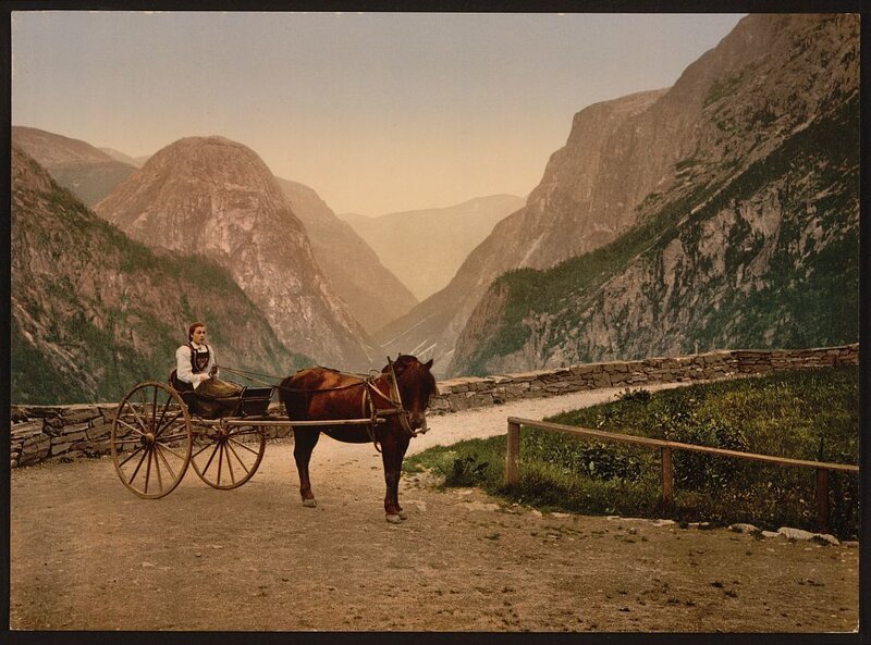 Horse-drawn carriage in a mountain valley
