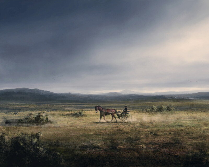 Horse-drawn carriage in a vast field