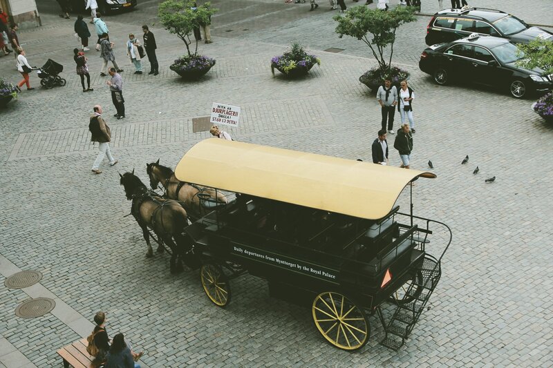 Horse-drawn carriage in city square