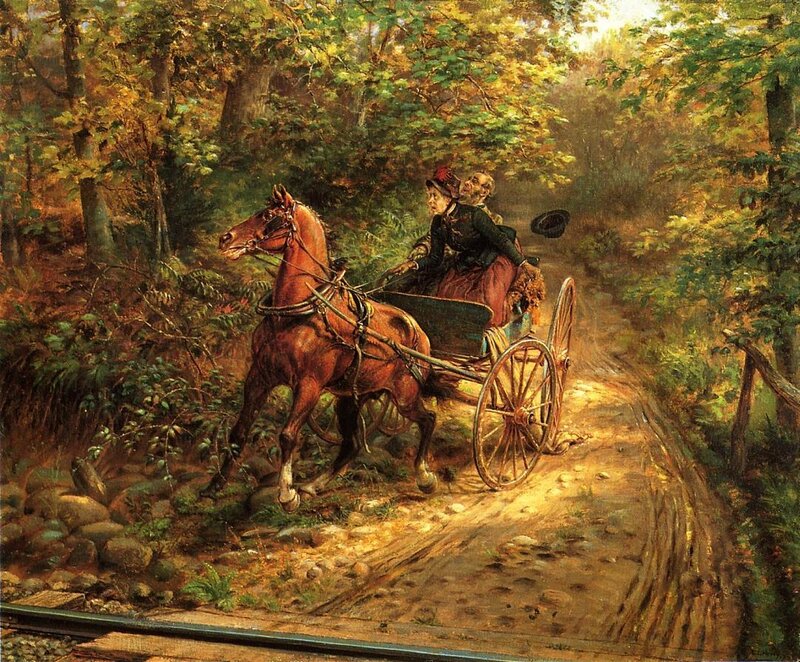 Horse-drawn carriage in forest
