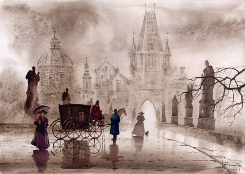 Horse-drawn Carriage in Rain — Brown, Dreary