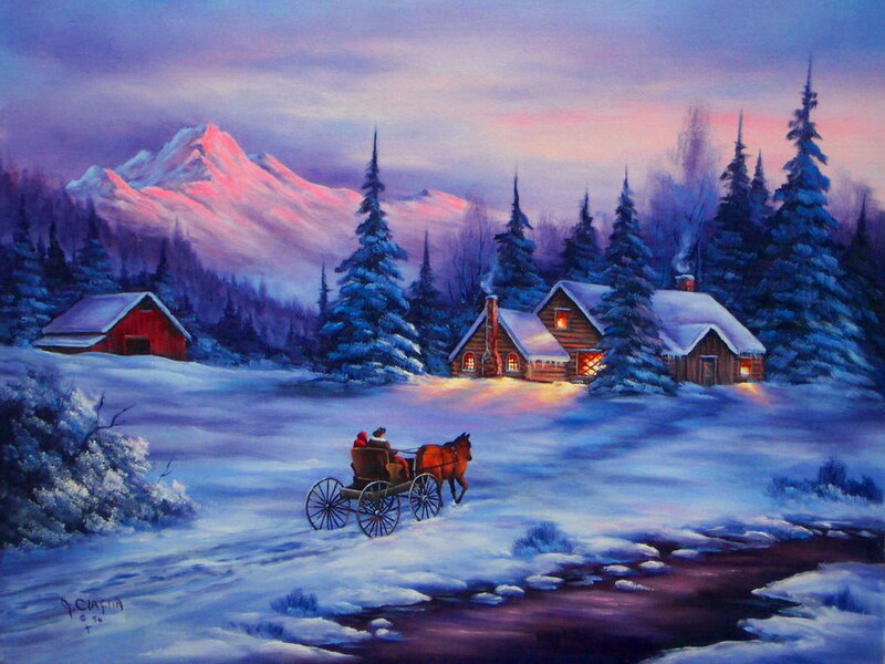 Horse-drawn Carriage in Snow — Blue, Serene